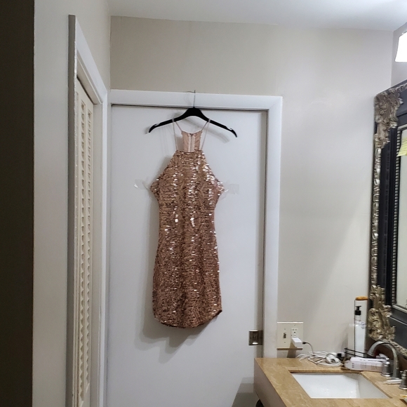 Golden Champagne Sequined Glitter Cutout Evening Mini Dress 👗 - Picture 13 of 15